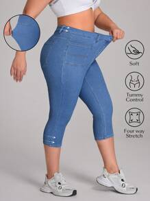 Flexra Plus Size Women Blue Elastic Denim Knit Capri Pants, Sexy Casual Cowgirl For Summer Outdoor Sports Summers For Women Festivals Elegant Vacations Woman - Blue - View 1