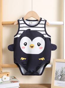 Penguin Pattern Knitted Soft Round Neck Sleeveless Bodysuit, Casual & Versatile For Baby Boys & Girls - Blue and White - View 4