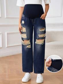 SHEIN Mulheres grávidas simples cor sólida retalhos bolso desgastado jeans casual - Lavagem escura - Ver 1