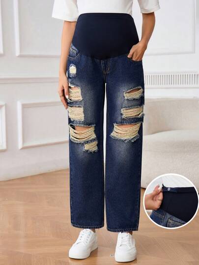 SHEIN Pregnant Women Simple Solid Color Patchwork Pocket Distressed Casual Jeans