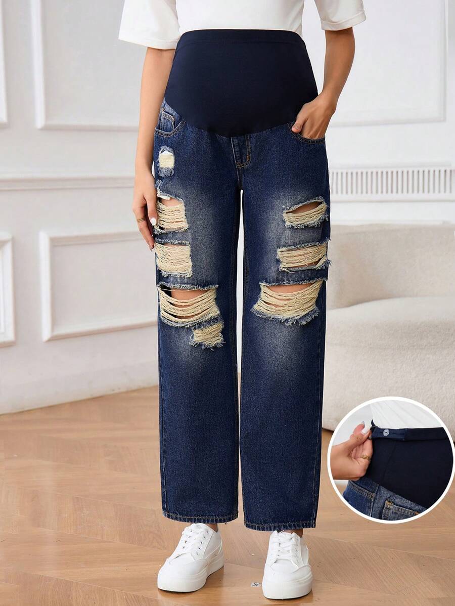 SHEIN Mulheres grávidas simples cor sólida retalhos bolso desgastado jeans casual - Lavagem escura - Ver 1