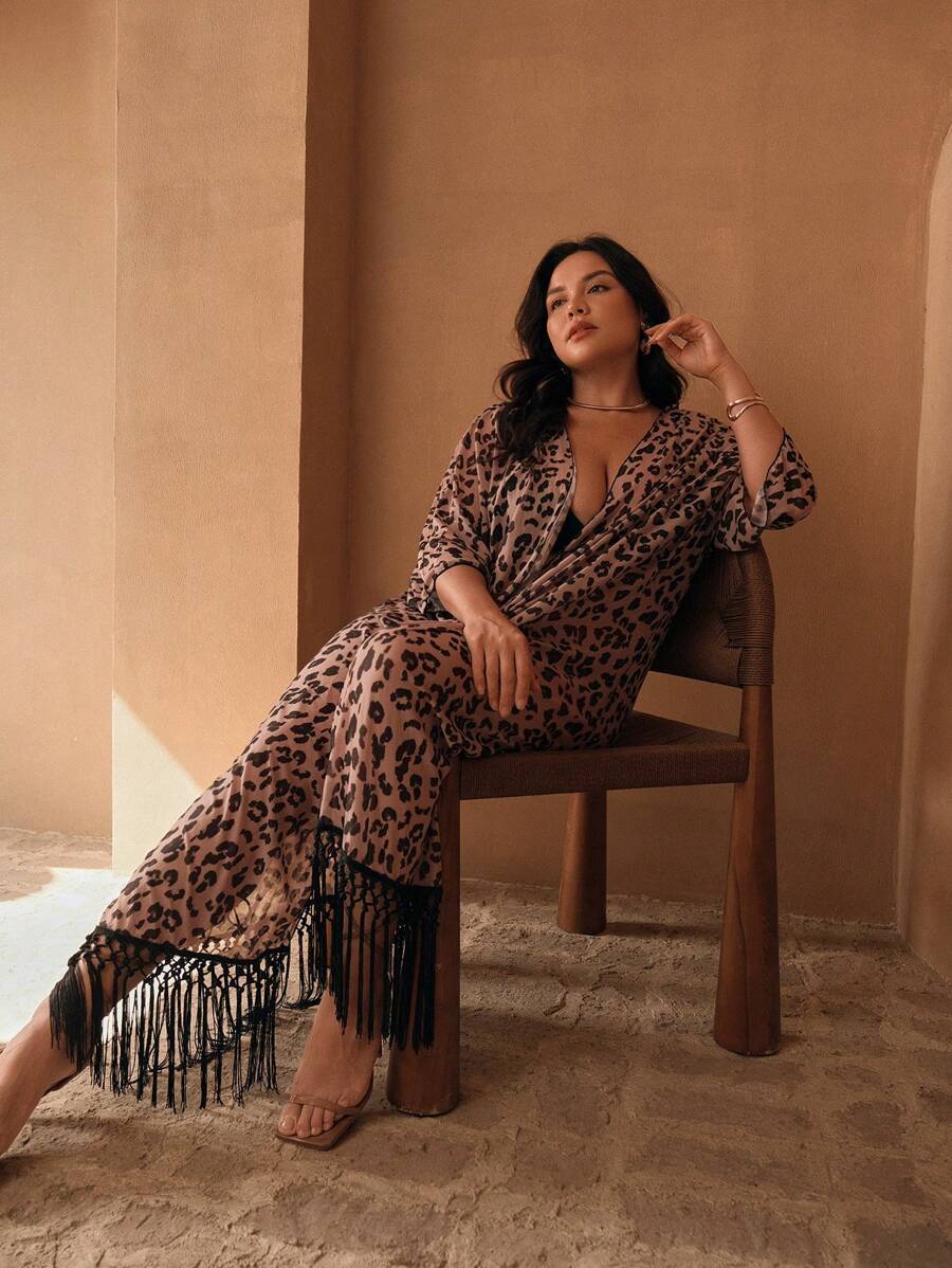 Swim Oasis Plus Size Women's Floral & Leopard Print Lightweight Mesh Cover Up Kimono For Summer Beach Vacation & Casual Holiday Wear