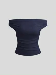 Sweetra Áo thun nữ hở vai xếp ly màu trơn đi nghỉ thường ngày - Nhiều màu - Xem 4