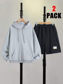 RueChic Ensemble regular de sweat-shirt à capuche et short avec détail de patchs pour hommes - Gris - Voir 1