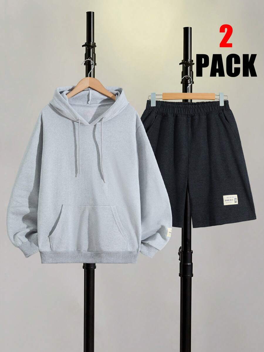 RueChic Ensemble regular de sweat-shirt à capuche et short avec détail de patchs pour hommes - Gris - Voir 1
