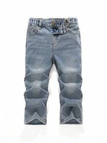 SHEIN Young Boy Distressed Washed Red Graffiti Pattern Retro Baggy Blue Denim Pants,For Kids Spring/Summer Clothes Outfits And Streetwear Outfits - Light Wash - View 4