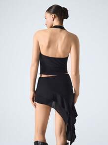 LYSMO 女士透明露背上衣搭配不对称荷叶边下摆裙子套装