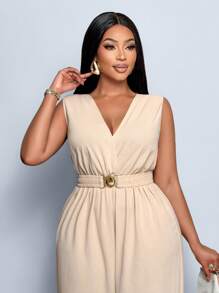 SOLERSUN 杏色性感 V 领无袖系带收腰连体裤，腰带金属扣可打开，通勤、优雅、约会、正式场合、大码新款女装