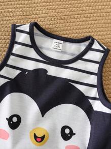 Penguin Pattern Knitted Soft Round Neck Sleeveless Bodysuit, Casual & Versatile For Baby Boys & Girls - Blue and White - View 6
