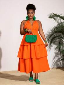 Slaydiva Plus Size Women's Orange Summer Beach Dress,Halter Hollow-Out Multilayer Ruffle Hem Waisted Midi Dress For Holiday,Vacation & Casual Styles - Orange - View 7
