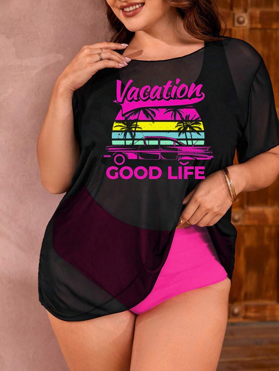Swim Lushoire Plus Size Women Funny Print 3pcs Set Tankini Set, Fashion Casual Vacation Beach Swimwear - Multicolor - View 1