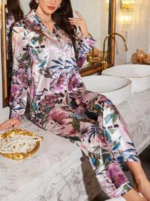 LuxeNights Elegant Floral Pattern Satin Lapel Pajamas Set For Women, Vacation