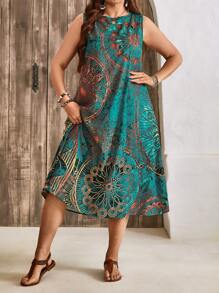 SHEIN LUNE Plus Size Women Floral Print Round Neck Sleeveless Pockets Casual Dress For Holiday St. Patrick's Day Boho/Bohemian,Resort Dresses, Outdoor Essential For Daily Wear Sundress Vacation Outfits Woman Summer Outfits For Women Rave Outfits Festival St Patrick's Day