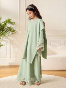 3pcs Tween Girls Sets: Mint Green Long Sleeve Embroidered Floral Trim Robe + Headscarf, Suitable For Outings, School, Home Ritual Abaya Outfit With Headscarf - Green - View 4