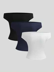 Sweetra Áo thun nữ hở vai xếp ly màu trơn đi nghỉ thường ngày - Nhiều màu - Xem 2