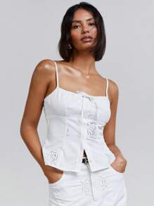 Athîral 女士白色花卉刺绣修身纽扣系带背心和吊带背心