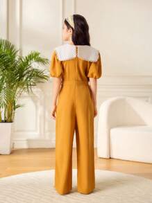 SHEIN Tween Girls Floral Print Tie Waist Romper With Short Puff Sleeves - Yellow - View 2