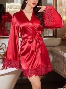 LuxeNights Embroidered Text Lace Trim Satin Sexy Women Robe