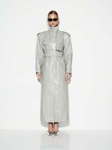 KIZN 设计师金属PU鳄鱼印花长风衣高级时尚背带大衣防水外套声明件 - 淺灰色 - 查看 7