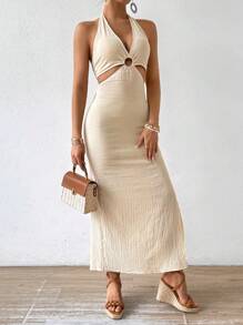 Chiquease Solid Color Cutout Halter Neck Dress With Textured Finish