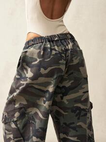 Bohemela Pantalones de mujer de pierna ancha con estampado de camuflaje, de cintura baja y bolsillos tipo cargo