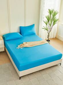 1pc Solid Color Blue Fitted Sheet, Mattress Protector, Mattress Cover For Bed, Bed Sheet, Soft And Breathable, For All Size Bed -Twin, Full, King, Queen Size Sheet Deep Pocket Up To 11.8 Inch Home Textile - Blue - View 7