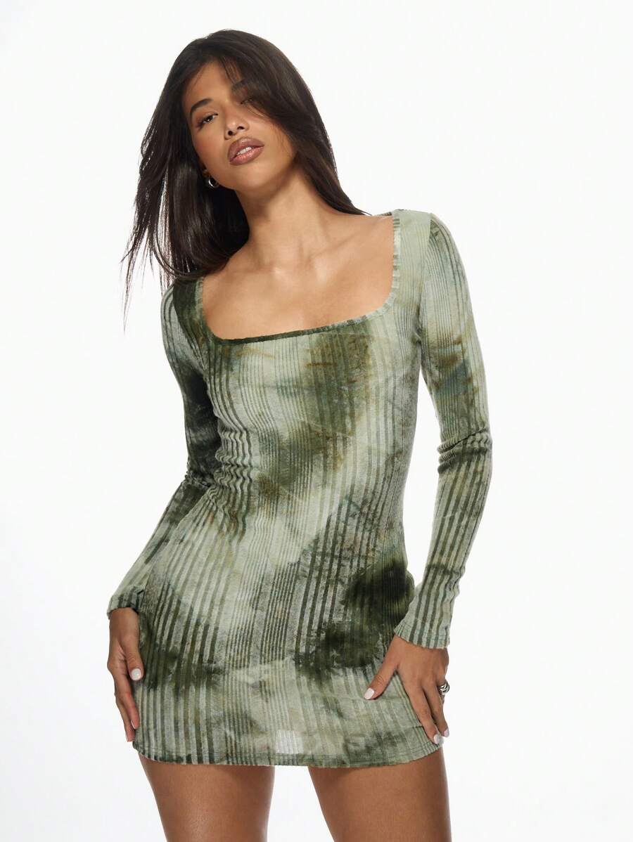 MISSGUIDED Square Neck Long Sleeve Ribbed Tie Dye Mini Bodycon Dress MISSGUIDED