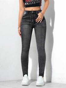 SHEIN Essnce Women's Front Button Pocket Simple Slim Casual Denim Pants - Dark Grey - View 7
