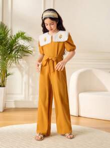 SHEIN Tween Girls Floral Print Tie Waist Romper With Short Puff Sleeves - Yellow - View 7