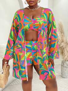 Slaydiva Plus Size 3pcs Swimwear Set: Swimwear, Cover-Up, Print Design, Casual Beachwear For Summer Holiday, Vacation - Multicolor - View 5