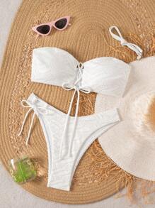 SHEIN Swim 2pcs Hollow-Out Tie Front Casual Minimalist Bikini Set, Spring Break Design For Summer Beach Vacation - White - View 1