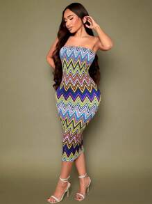SHEIN SXY Sexy Retro Wavy Striped Print Bandeau Dress
