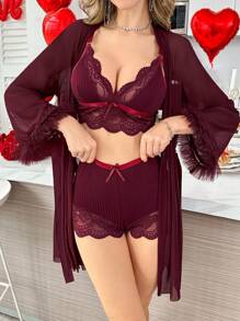 SilkySpell 3pcs Lace Splice Sexy Camisole Shorts + 3D Trim Wide Sleeve Mesh Robe Set - Maroon - View 4