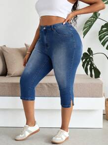 SHEIN EZwear Plus Size Skinny Stretch Denim 7/8 Length Jeans, Blue,Stretch Denim Jeggings, Casual Skinny Fit,Casual Denim  Stretch Jeggings,Super Cycling Pants,Casual Daily Wear ,Yoga Sports ,Zipper Design Casual Sweatpants, Simple & Fashionable For Daily Wear,Solid Color Casual Pants, Simple And Fashionable For Daily Wear,High Stretch Slim-Fit Leggings, Casual Fitted 7/8 Length Jeans - Blue - View 3