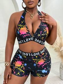 SHEIN Slayr CURVE Plus Size Dames 2-delige badmode, kleurrijke willekeurige letterprint, gewatteerde busteondersteuning, diepe V-top en hoge taille slip, strandvakantie bikini