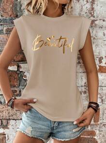 INAWLY Áo thun nữ tay ngắn in chữ và trái tim - Màu Khaki - Xem 3