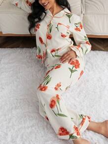 LuxeNights Conjunto de Pijama com Top de Manga Longa com Gola Esporte e Calça, Estampa Floral com Textura de Bolha, Roupas de Outono e Inverno - Multicolorido - Visão 7