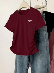 INAWLY Camiseta informal de mujer con plisado y estampado de lazo, minimalista - Multicolor - Ver 4