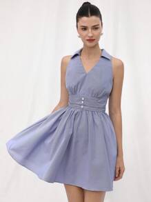 GENKIRA Váy ngắn xòe chữ A phong cách retro Pháp thanh lịch thời trang trẻ trung tươi mới cổ chữ V thắt eo nút trang trí tương phản eo xếp ly cho nữ - Nhiều màu - Xem 2