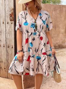 EMERY ROSE Plus Size Women's V-Neck Button Front Floral Patterned Dress