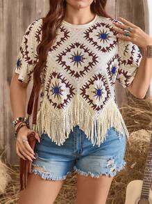 SHEIN LUNE Große Größen Lässig Geometrisches Muster Quasten Saum T-Shirt Sommer für Frauen & Urlaub Frau & Rave Festival mit Fransen Saum Konzert Frauen Boho/Bohemian Sommer Tops Sommer Neues Design Frauen Boho/Boho Sommer Neues Design - Schwarz - Übersicht 4