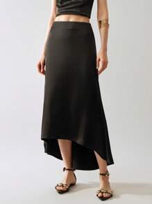 SHEIN LUNE 时尚女式高低侧拉链修身优雅半身裙 - 黑色 - 查看 7