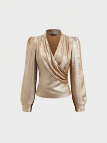 SHEIN Clasi Women's Autumn Metallic Essence Cross-Over V-Neck Pleated Elegant Blouse For New Year Holiday Party Clothes - Gold - View 7