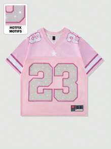 ROMWE MEN Prep Men Jersey Number Letter Satin Graphic V-Neck Tee, 2000s Style - Pink - View 1