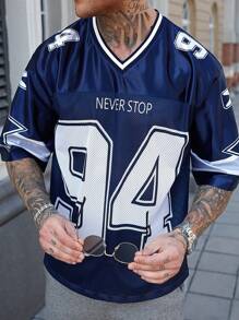 Manfinity EMRG Men's Solid Color Contrast V-Neck Short Sleeve Numeric Print Casual Basketball Jersey Style T-Shirt - Blue - View 6