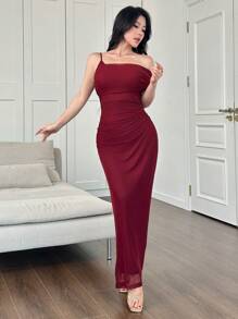 Modelyn 女士优雅褶饰不对称肩带腰部收紧派对连衣裙