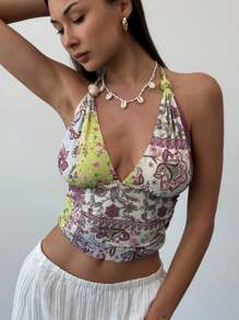 Aloruh 全新优雅佩斯利印花扭纹装饰性感深 V 无袖短款上衣 - 紫色 - 查看 4