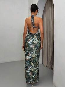 SHEIN BAE Damskie Letnie Wakacje Plaża Wakacje Motyl Nadruk Metaliczne Falbany Zdobione Niskim Wycięciem Seksowne Rozcięcie Maxi Sukienki, Stroje Wakacyjne Damskie Letnie Sukienki, Stroje Koncertowe Damskie, Sukienki Letnie Dla Kobiet, Stroje Brunchowe Dla Kobiet, Sukienka Sage Green - Wojskowa Zieleń - Zobacz 2