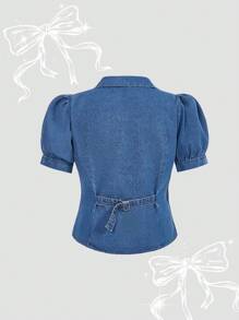SHEIN MOD Plus Size Women Dark Blue Denim Collared Short Sleeve Bodycon Top,Summer Casual Everyday Y2k Cowgirl 90s Streetwear 2000s Style Rave Festival Concert - Blue - View 2