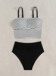 Swim Vcay Women Striped Spaghetti Strap Color Block Tankini Swimwear Set, Summer Beach Vacation